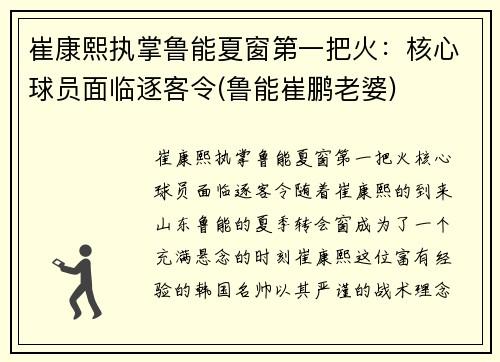 崔康熙执掌鲁能夏窗第一把火：核心球员面临逐客令(鲁能崔鹏老婆)