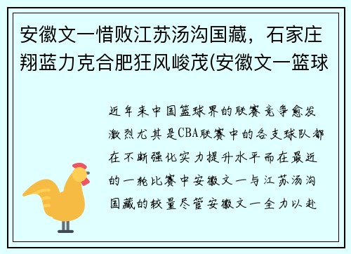 安徽文一惜败江苏汤沟国藏，石家庄翔蓝力克合肥狂风峻茂(安徽文一篮球俱乐部官网)