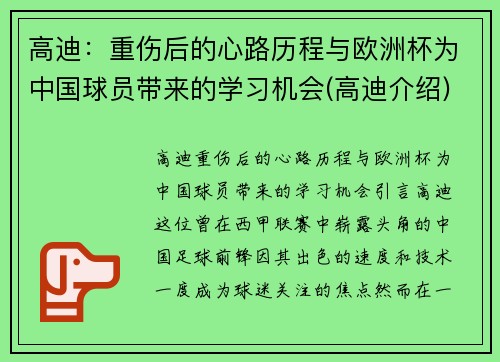 高迪：重伤后的心路历程与欧洲杯为中国球员带来的学习机会(高迪介绍)