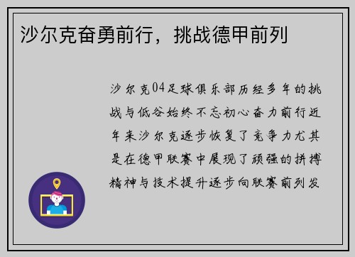 沙尔克奋勇前行，挑战德甲前列