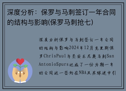 深度分析：保罗与马刺签订一年合同的结构与影响(保罗马刺抢七)