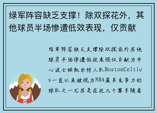 绿军阵容缺乏支撑！除双探花外，其他球员半场惨遭低效表现，仅贡献